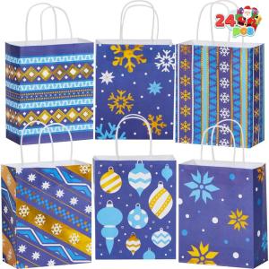imageJOYIN 24 Christmas Kraft Gift Bags for Holiday Paper Gift Bags Christmas Goody Bags Xmas Gift Bags Classrooms and Party Favors 9 x 73 x 33Blue