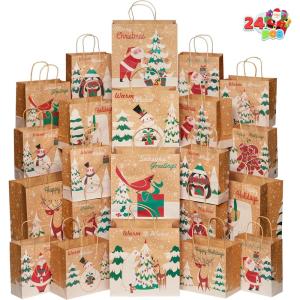 imageJOYIN 24 PCS Christmas Kraft Gift Bags with Assorted Christmas Prints for Kraft present Bags Classic Not Include Tissue Paper