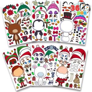 imageJOYIN 36 Pcs Christmas Makeaface Sticker Sheets Make Your Own Xmas Characters Mix and Match Sticker with Full Body Design Reindeer Snowman Elf for Kids Party Favor Art Craft Classroom ActivitiesFunny Stickers