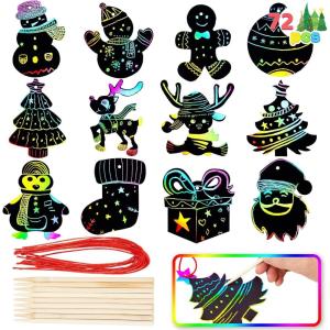 imageJOYIN 72 Pcs Christmas Scratch Art Ornaments Rainbow Color Scratch Paper Craft Kit Include Snowman Christmas Tree and Reindeer Scratch Off Hanging Ornament for Kids Party Favor