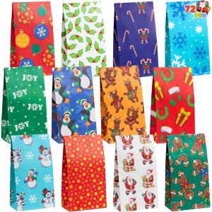 imageJoiedomi 72 PCS of Christmas Holiday Goody Bags 12 Assorted Christmas Designs Goodie Bags for Classrooms Party Favors Small Gift Bags Kraft Bags and Christmas Craft Bags