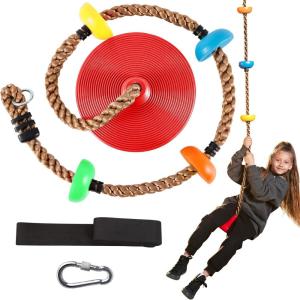 imageTURFEE Tree Swing for Kids Single Disk 6 Ft Outdoor Climbing Rope Carabiner ampamp 4 Ft Tree Strap Playground Accessories  MultiColored Disc Swing SeatRedRed