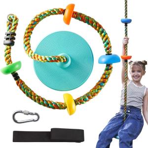 imageTURFEE Tree Swing for Kids Single Disk 6 Ft Outdoor Climbing Rope Carabiner ampamp 4 Ft Tree Strap Playground Accessories  MultiColored Disc Swing SeatRedBlue