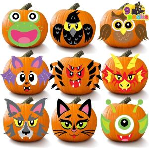 imageJOYIN 18 Packs Halloween Pumpkin Decorating Stickers Craft Kit Halloween Party Supplies Arts Activities Kids Party Favors Jack O Lantern Foam Face Sticker in 9 Characters Designs for Party Games
