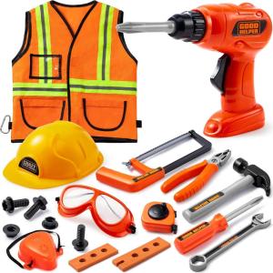 imageJOYIN 19Pcs Kids Tool Set Pretend Play Toddler Tool Toys with Construction Worker Hat Costume ampamp Electronic Toy Drill for Boy Girl Halloween Christmas Birthday Gift Dress Up Party