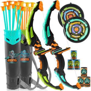 imageJOYIN 2 Pack Kids Bow and Arrow Set Blue and Green LED Light Up Archery Set with 2 Bows Suction Cup Arrows Target ampamp Arrow Case Indoor Outdoor Activity Toys for Kids Boys Girls Ages 312Blue Green Set