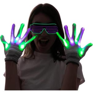 imageJOYIN Halloween LED Gloves and Light Up Glasses with 3 Lighting Modes Flashing Finger Light Up Gloves and LED Shutter Glasses Glow in the Dark Cool Halloween Disco Party Favor Green Purple