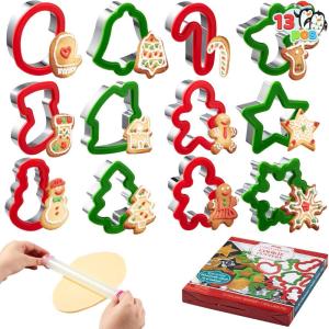 imageJOYIN 13 Pcs Christmas Cookie Cutters in Stainless Steel with 35 plus Grip and a Rolling Pin for Xmas Holiday Cookies Baking Snowflake Cookies Gingerbread Cookies Party and Baking Gift