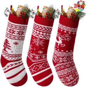imageJOYIN 3 Pack 18 Christmas Stockings Large Size Rustic Cable Knit Xmas Stocking in Red ampamp Green for Family Holiday Season Decorationsred classic
