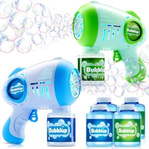 imageJOYIN 2 Kids Bubble Guns with 4 Bottles Solution Automatic Bubble Machine Gun with 8 Holes for Kids Adults Summer Toys Easter Basket Stuffers Birthday Gift Party FavorsGreen  Blue