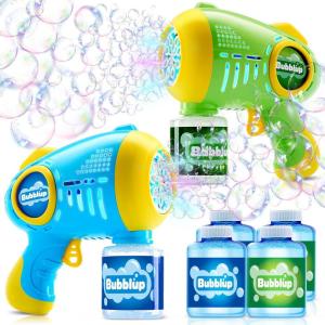 imageJOYIN 2 Kids Bubble Guns with 4 Bottles Solution Automatic Bubble Machine Gun with 8 Holes for Kids Adults Summer Toys Easter Basket Stuffers Birthday Gift Party FavorsGreen Yellow  Blue Yellow