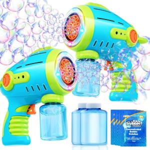 imageSloosh 2 Packs Bubble Gun for Kids with 10 Holes Bubble Machine Gun for Toddlers 13 Automatic Light Up Airship Blower with 2 Bottles 4 Bags Refill Solution Summer Outdoor Toy Party Easter Gift