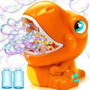 imageJOYIN Dinosaur Bubble Machine Bubble Blower with Solutions for Kids Summer Outdoor Indoor Toy Dinosaur Party Favor Kids Birthday Gift OrangeOrange