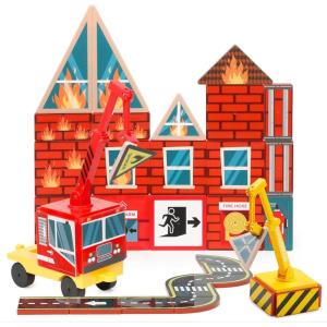 imageSYNCFUN 40PCS Magnetic City Rescue Set for Kids  DualTheme Construction ampamp Firefighting Scenarios Including Vehicles ampamp Cranes Educational STEM Toy for Boys ampamp Girls Ages 35 48