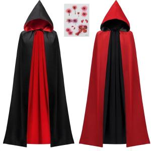 imageJOYIN Adult Unisex Vampire Costume Accessories Halloween Vampire Cape with Reversible Hooded Cape Cloak and Tattoo ScarBlack Red