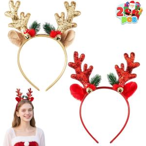 imageJOYIN 2 Pcs Golden ampamp Red Reindeer Headbands with Glitters Reindeer Antlers Decor with Cute Gold Bells Christmas Hair Band Accessories for Adult and Kids for Holiday Party Cosplay