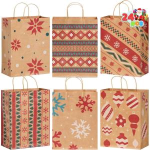 imageJOYIN 24 PCS Christmas Kraft Gift Bags Xmas Holiday Paper Goody Wrap Shopping Bags with Handles for Holiday Presents Giant Gifts Decorations Classrooms and Party Favors 10 x 13 x 5