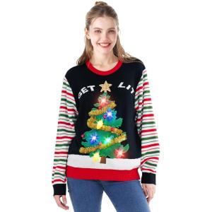 imageJOYIN LED Light Up Christmas Sweater Women Men CouplesUgly Christmas Sweater Kids with Light Bulbs Pullovers 2025Black Chritmas Tree