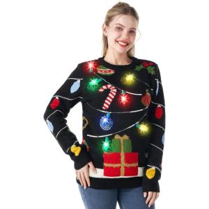 imageJOYIN LED Light Up Christmas Sweater Women Men CouplesUgly Christmas Sweater Kids with Light Bulbs Pullovers 2025Black Strip