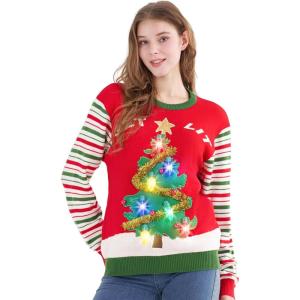 imageJOYIN LED Light Up Christmas Sweater Women Men CouplesUgly Christmas Sweater Kids with Light Bulbs Pullovers 2025Red Chritmas Tree