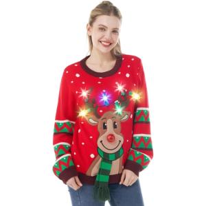 imageJOYIN LED Light Up Christmas Sweater Women Men CouplesUgly Christmas Sweater Kids with Light Bulbs Pullovers 2025Red Reindeer