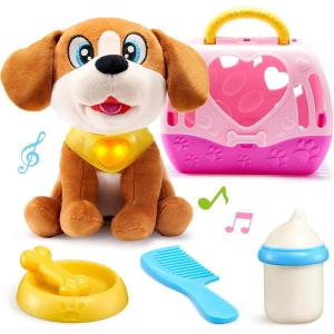 imageJOYIN Toy Dog for Toddlers Play Puppy Toy with Carrier ampamp Accessories Plush Dog with Interactive Button Lights ampamp Sounds Pet Care Set for Kids 1 2 3 4 Years Old Birthday Gifts for Girls