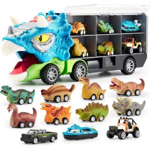 imageJOYIN 13 in 1 Dinosaur Toys for Kids 35 Triceraptor Dinosaur Truck with 12 Pull Back Cars Birthday Gifts Toys for 3 4 5 Year Old Boy Transport Carrier Truck for Toddlers 34 YearsTriceratops Truck