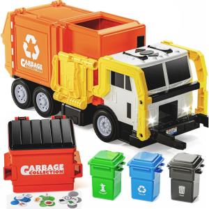 imageJOYIN Large Friction Powered Garbage Truck Toy Set Includes Dumpster Trash Bins and Learning Cards for Kids OrangeOrange