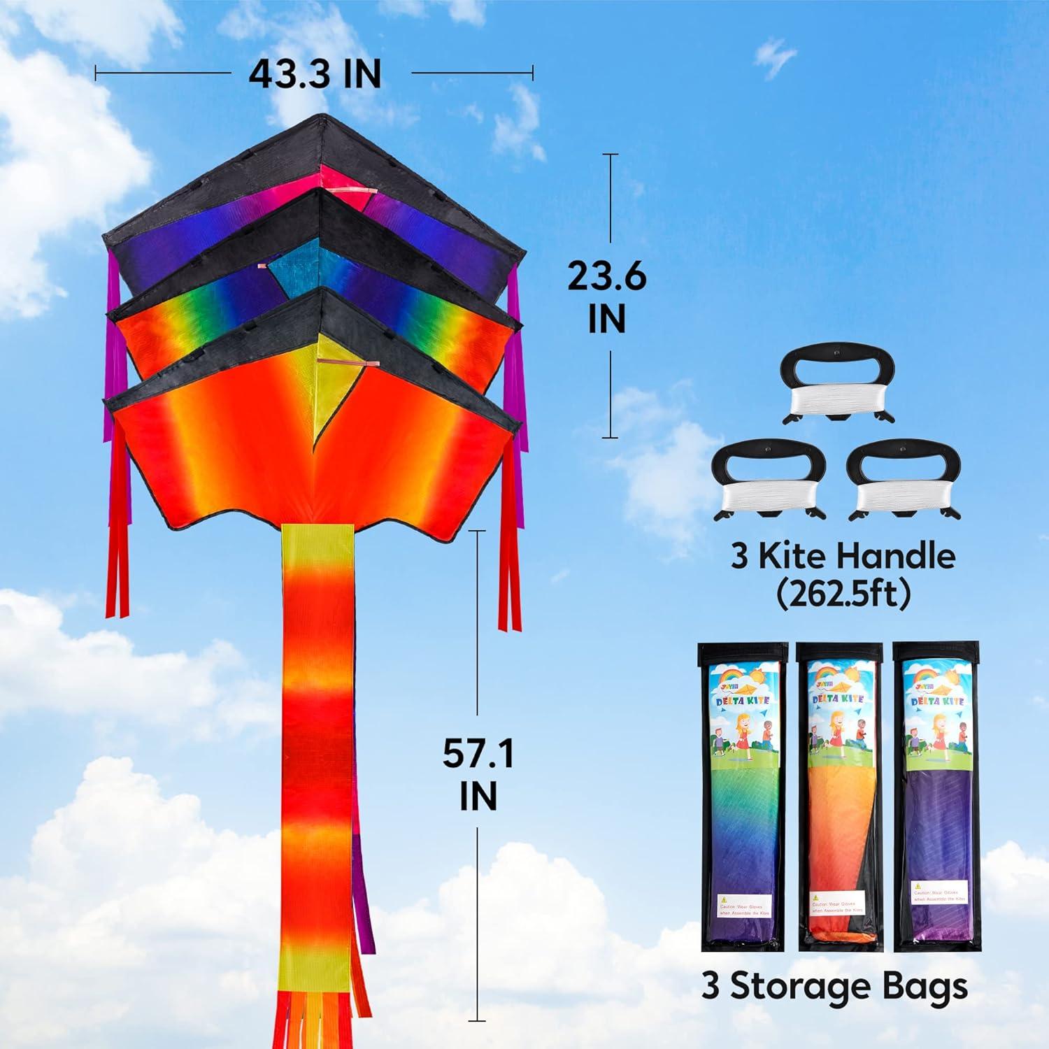 imageJOYIN 3 Packs Delta Multicolor Kite Warm and Cold Color Easy to Fly for Kids and Adults with 2625 ft String Large Delta Beach Kite for Outdoor Games and Activities