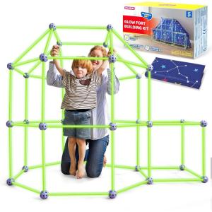 imageSYNCFUN Glow Fort Building Kit Indoor Outdoor for Kids Glow in The Dark Creative Fort DIY Castles Tunnels with Rods and Balls STEM Construction Toys Educational Gift for Boys and Girls Aged 312Glow Green