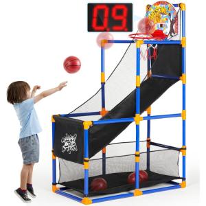 imageSYNCFUN LED Scoring Arcade Basketball Game Set with Electronic Scoreboard and Cheer Sounds 4 Balls and Hoop Toys for Ages 312 Years Old Indoor Outdoor Sport Play  Easy Set Up