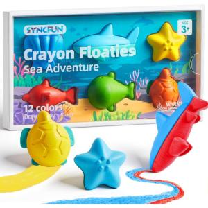 imageSYNCFUN 100 Pure Large Beeswax Crayons Non Toxic Washable Bath Crayons for Kids Easy to Hold ampamp Mold Free Toddler Art Supplies Gift for Christmas Dinosaur Theme 12 ColorsOcean Theme