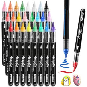 imageSYNCFUN 24 PCS Acrylic Paint Markers Brush Tip Direct Liquid Markers with Constant Flow Technology Waterproof Paint Art Supplies ampamp Craft for Kids Fabric Canvas Rock Wood Glass Ceramic Metal