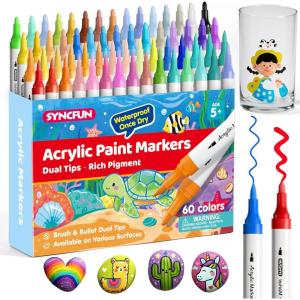 imageSYNCFUN 24 PCS Acrylic Paint Markers Dual Tip Waterproof Pen with Brush and Bullet Tip for Paper Window Fabric Canvas Rock Wood Glass Metal Ceramic Art Supplies DIY Crafts60