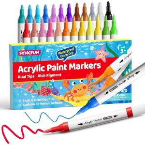 imageSYNCFUN 24 PCS Acrylic Paint Markers Dual Tip Waterproof Pen with Brush and Bullet Tip for Paper Window Fabric Canvas Rock Wood Glass Metal Ceramic Art Supplies DIY Crafts24