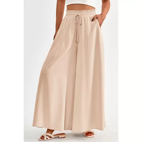 PRETTYGARDEN Womens 2024 Summer Wide Leg Palazzo Pants High Waisted Flowy Pockets Trendy Casual Lounge Boho Beach TrousersBeige