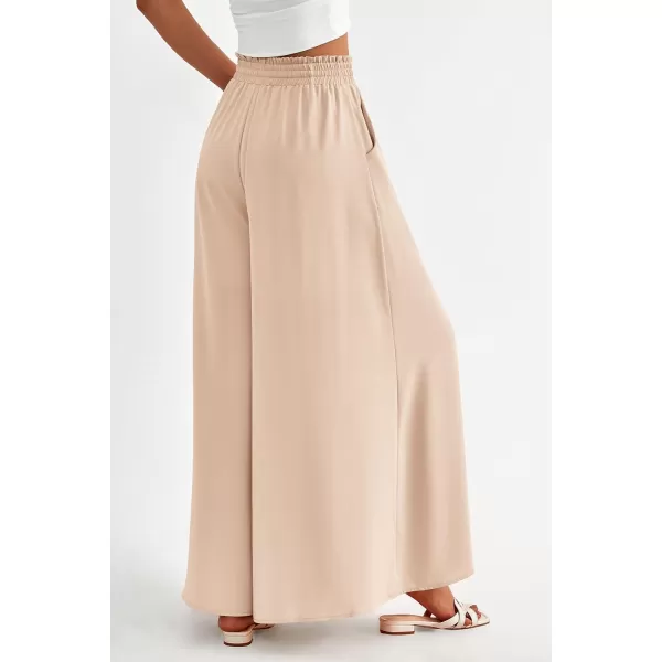 PRETTYGARDEN Womens 2024 Summer Wide Leg Palazzo Pants High Waisted Flowy Pockets Trendy Casual Lounge Boho Beach TrousersBeige