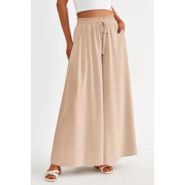PRETTYGARDEN Womens 2024 Summer Wide Leg Palazzo Pants High Waisted Flowy Pockets Trendy Casual Lounge Boho Beach TrousersBeige
