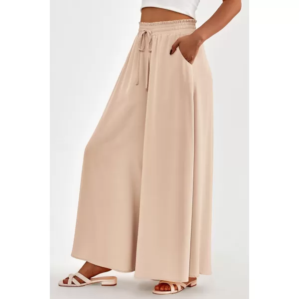 PRETTYGARDEN Womens 2024 Summer Wide Leg Palazzo Pants High Waisted Flowy Pockets Trendy Casual Lounge Boho Beach TrousersBeige