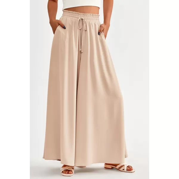 PRETTYGARDEN Womens 2024 Summer Wide Leg Palazzo Pants High Waisted Flowy Pockets Trendy Casual Lounge Boho Beach TrousersBeige