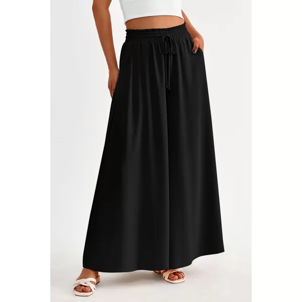 PRETTYGARDEN Womens 2024 Summer Wide Leg Palazzo Pants High Waisted Flowy Pockets Trendy Casual Lounge Boho Beach TrousersBlack