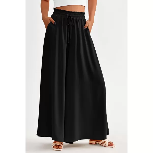 PRETTYGARDEN Womens 2024 Summer Wide Leg Palazzo Pants High Waisted Flowy Pockets Trendy Casual Lounge Boho Beach TrousersBlack