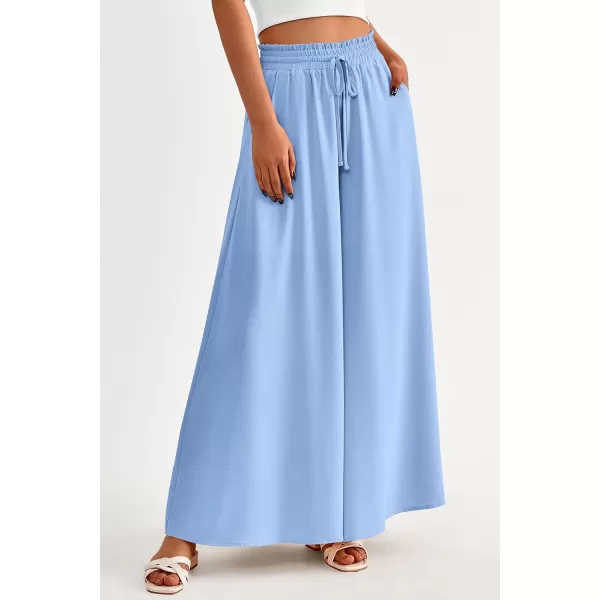 PRETTYGARDEN Womens 2024 Summer Wide Leg Palazzo Pants High Waisted Flowy Pockets Trendy Casual Lounge Boho Beach TrousersBlue