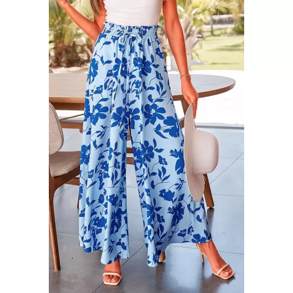 PRETTYGARDEN Womens 2024 Summer Wide Leg Palazzo Pants High Waisted Flowy Pockets Trendy Casual Lounge Boho Beach TrousersPrint Blue
