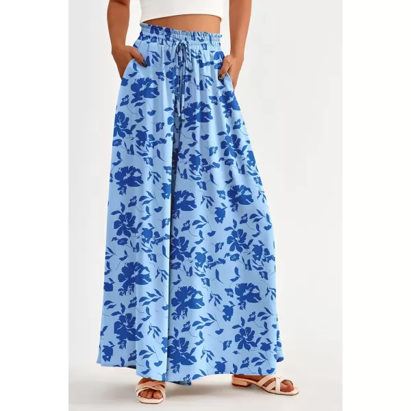 PRETTYGARDEN Womens 2024 Summer Wide Leg Palazzo Pants High Waisted Flowy Pockets Trendy Casual Lounge Boho Beach TrousersPrint Blue