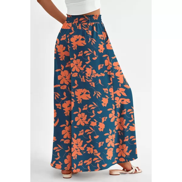 PRETTYGARDEN Womens 2024 Summer Wide Leg Palazzo Pants High Waisted Flowy Pockets Trendy Casual Lounge Boho Beach TrousersPrint Dark Blue Orange