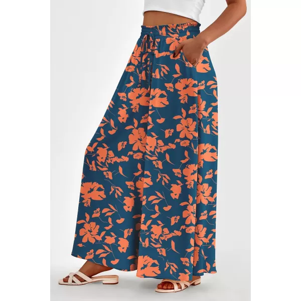 PRETTYGARDEN Womens 2024 Summer Wide Leg Palazzo Pants High Waisted Flowy Pockets Trendy Casual Lounge Boho Beach TrousersPrint Dark Blue Orange