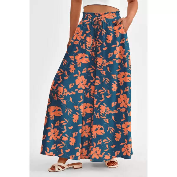PRETTYGARDEN Womens 2024 Summer Wide Leg Palazzo Pants High Waisted Flowy Pockets Trendy Casual Lounge Boho Beach TrousersPrint Dark Blue Orange