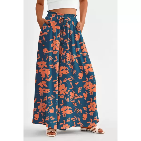 PRETTYGARDEN Womens 2024 Summer Wide Leg Palazzo Pants High Waisted Flowy Pockets Trendy Casual Lounge Boho Beach TrousersPrint Dark Blue Orange