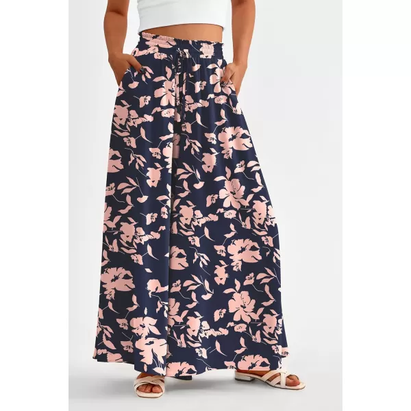 PRETTYGARDEN Womens 2024 Summer Wide Leg Palazzo Pants High Waisted Flowy Pockets Trendy Casual Lounge Boho Beach TrousersPrint Navy Pink